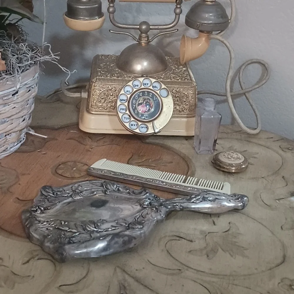 Antique Art Nouveau Sterling Silver Hand Mirror & Comb